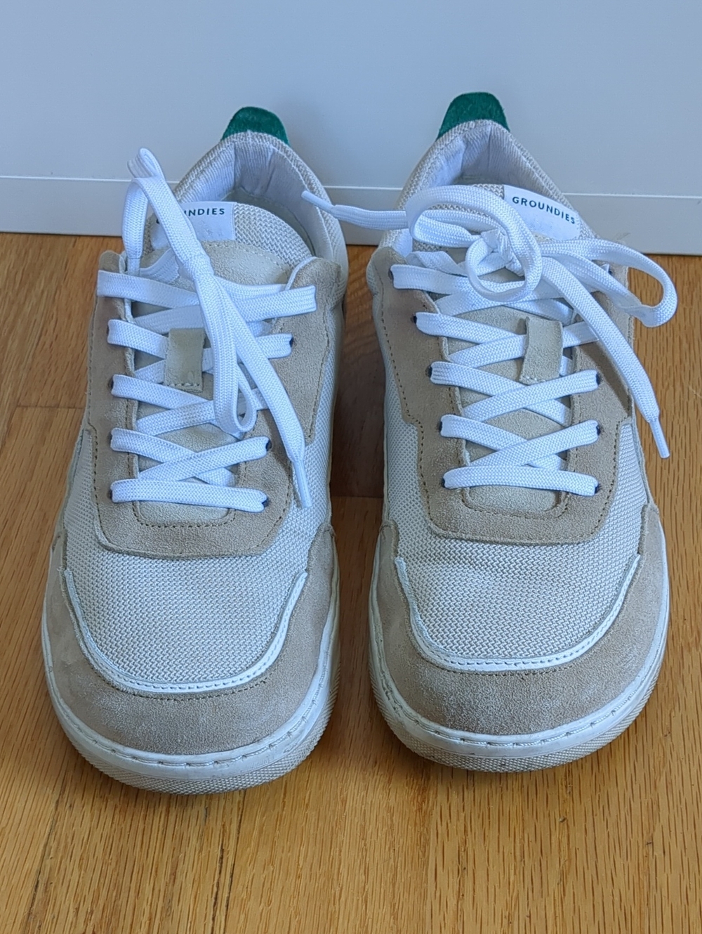 Groundies Unisex Beige & White Suede Mesh Barefoot Sneakers with Green Heel Tab